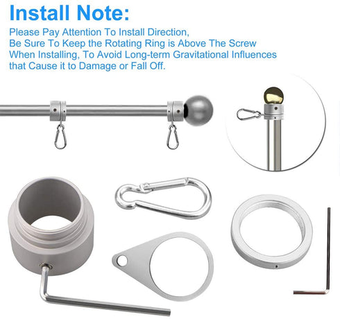 BonyTek 2 Pack Aluminum Alloy Flag Pole Rings, 360 Degree Rotating Flagpole Flag Mounting Rings Spinning Flag Pole Kit with Carabiner for 0.75-1.00 Inch Diameter Flagpole (Φ 1 inch, Silver)