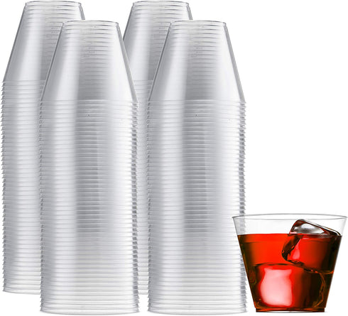 200 Clear Plastic Cups 9 Oz Old Fashioned Tumblers Fancy Disposable Wedding Party Cups Recyclable and BPA-Free