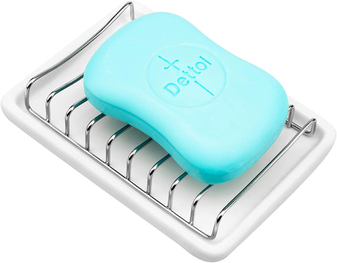 Slideep Ceramic Soap Dish Holder, Stainless Steel Soap Bar Holder for Bathroom and Shower, Double Layer Draining Soap Box