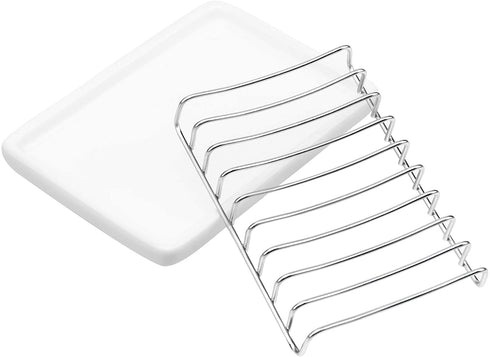 Slideep Ceramic Soap Dish Holder, Stainless Steel Soap Bar Holder for Bathroom and Shower, Double Layer Draining Soap Box