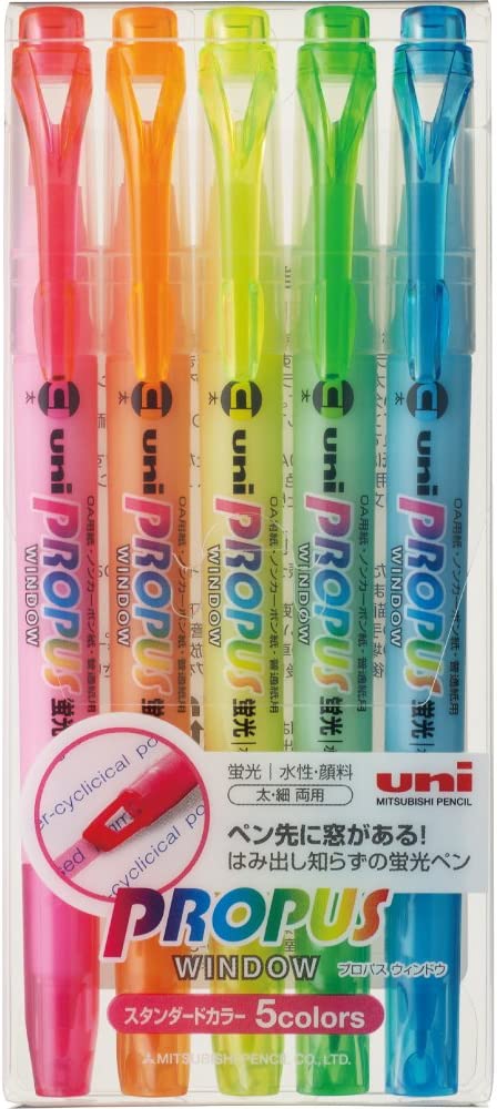 uni Propus Window Double-Sided Highlighter Pen with 4.0 mm/0.6 mm Twin Tip, 5 Color Set (PUS102T5C)