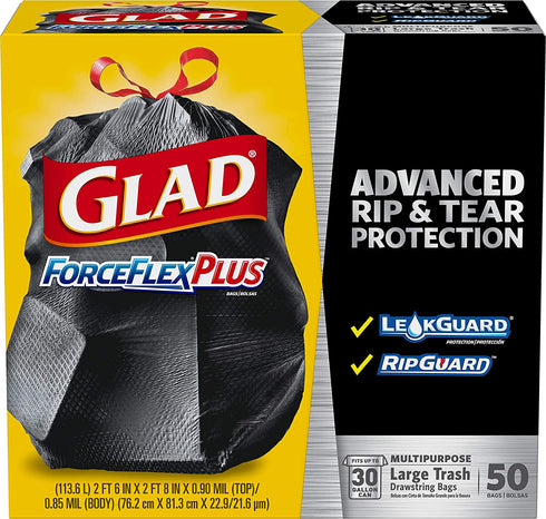 Glad ForceFlexPlus Drawstring Large Trash Bags - 30 Gallon, 50 Ct (Package May Vary)