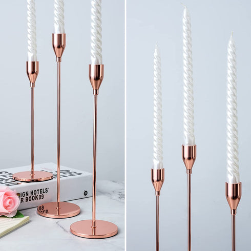 HUPPY Candlestick Holders Set of 3 Designed for Taper Candles, Decorative Candlestick Holder for Wedding, Dinning, Party, Fits 3/4 inch Thick Candle & Led Candles (Metal Candle Stand) (Rose Gold)