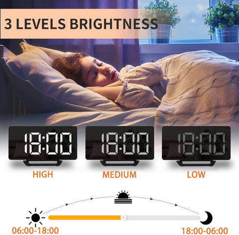 Digital Clock LED Display, Electric Alarm Clock 6.8'' Mirror Surface with Dimming Mode, 3 Levels Brightness, Dual USB Ports Modern Decoration for Makeup Home Bedroom Decor (M)
