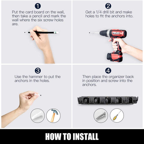 2 Pack Imillet Mop and Broom Holder, Wall Mounted Organizer Mop and Broom Storage Tool Rack with 5 Ball Slots and 6 Hooks (Black)