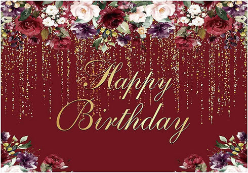 Funnytree 7x5ft Happy Birthday Party Backdrop Burgundy Red Flowers Golden Glitter Floral Photography Background Women Lady Girl Cake Table Decorations 16th 30th 40th 50th 60th Banner Photo Booth