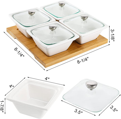 Tebery 4 Pack Ceramic Divided Serving Dishes Relish Tray, Appetizer & Condiment Server Set, 5OZ Removable Serving Platter Bowl with Glass Lids & Bamboo Tray for Fruits, Nuts, Candies, Veggies