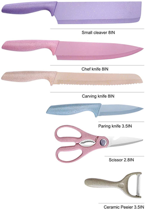 Colorful Knife Set for 6 Pieces, High Carbon Steel Kitchen Knife Set, Environmental Wheat Straw Material Handle, Sharp All-purpose Professional Chef Knife with Gift Box YIPFUNG