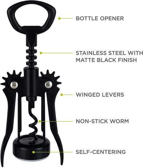 True Soar Matte Black Winged Corkscrew, Self Centering Worm, Bottle Opener