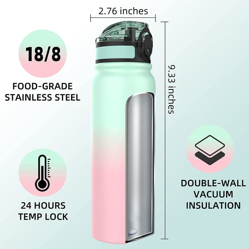 Fanhaw Water Bottles Stainless Steel Insulated Vacuum 20oz Water Bottle for Kids/Adults, 2 Lids Leak Proof Thicken Double Wall for Cold & Hot Beverages, BPA Free (Green-Pink)