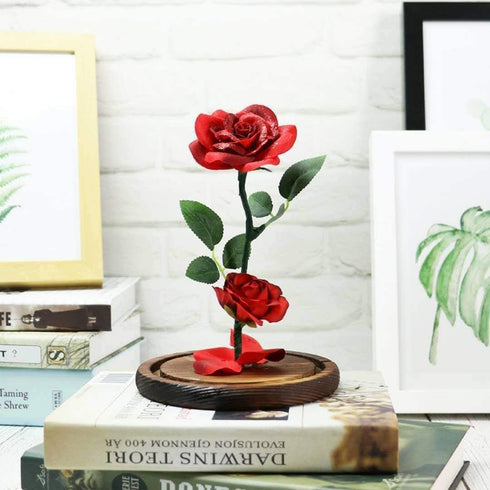 Beauty and The Beast Rose ,Rose Kit, Red Silk Rose and Led Light with Fallen Petals in Glass Dome on Wooden Base Valentine's Day Anniversary Birthday