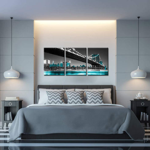 iKNOW FOTO 3 Panel Modern Black White and Blue New York City Wall Art Manhattan Skyline Bridge at Night Pictures on Canvas Print Painting Home Decoration Framed Art Work for Living Room 12x16inchx3pcs