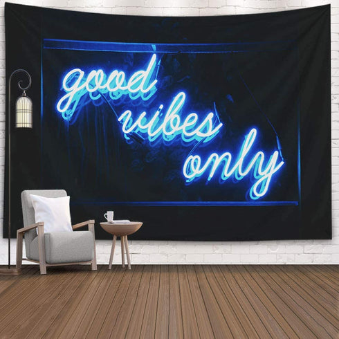 Musesh Blue Neon Tapestry Good Vibes Only Words Glow in The Dark Tapestry for Bedroom Dorm Living Room 80X60 Inch