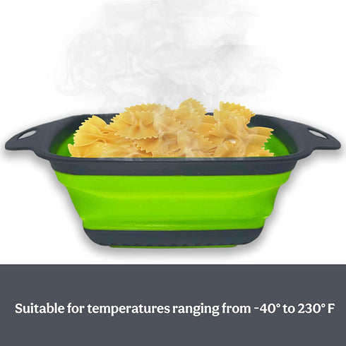 C.I.H. Collapsible Strainer | Collapsible Colander for Kitchen | 3 Piece Green Set | Large Over the Sink Strainer with Extendable Handles | Small Rectangular Strainer | Heat Resistant Utensil Rest