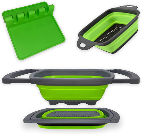 C.I.H. Collapsible Strainer | Collapsible Colander for Kitchen | 3 Piece Green Set | Large Over the Sink Strainer with Extendable Handles | Small Rectangular Strainer | Heat Resistant Utensil Rest