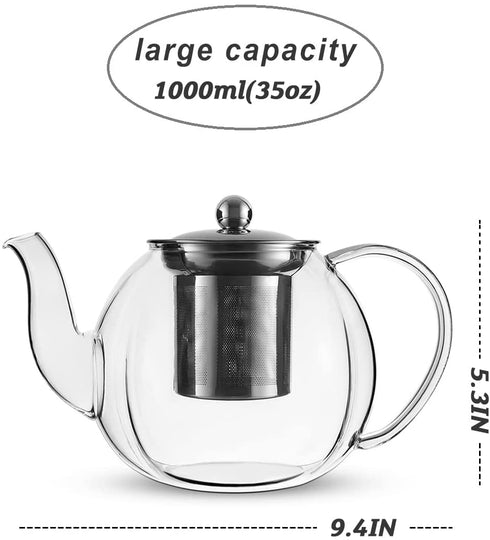 VEVOK CHEF Glass Teapot with Removable Infuser Clear Glass Tea Kettle, Blooming and Loose Leaf Tea Maker Set Stovetop Safe Borosilicate Glass Teapot Tea Brewer