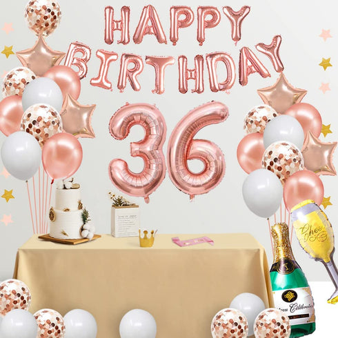 Fancypartyshop 36th Birthday Decorations - Rose Gold Happy Birthday Banner and Sash with Number 36 Balloons Latex Confetti Balloons Ideal for Girl and Women 36 Years Old Birthday Rose Gold