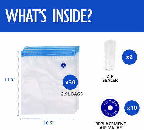 VICARKO 30 Vacuum Zipper Bags, Vacuum Sealer Bags, Food Storage, Reusable Bags, with Double Layers, BPA Free, 2.9L, 11.0 x 10.5"