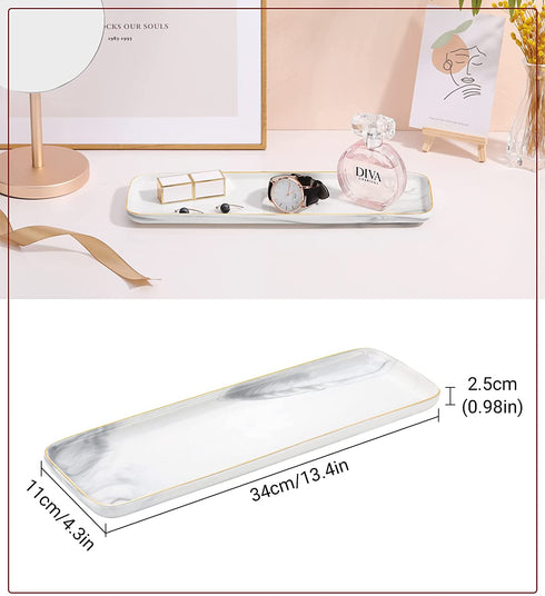 Shinowa Bathroom Vanity Tray, Ceramic Sink Tray, Toilet Tank Tray, Long Narrow Tray for Kitchen Sink Candles Towel Perfume, Small Size - Marble White