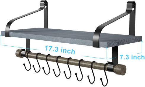 Love-KANKEI Wall Shelf for Storage Rustic Wood Kitchen Spice Rack with Towel Bar and 8 Removable Hooks for Organize Cooking Utensils or Mugs Floating Shelf Weathered Grey