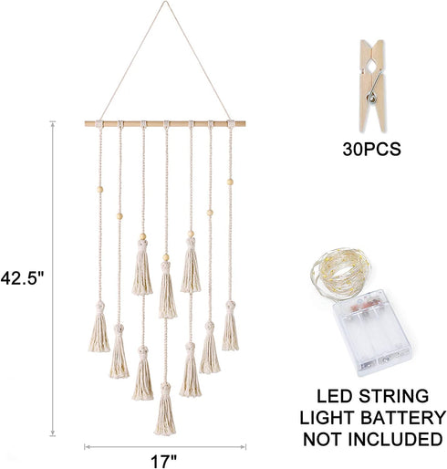 Mkono Boho Gift Macrame Hanging Photo Display with String Lights Boho Wall Decor Pictures Christmas Cards Holder with 30 Clips for Bedroom, Living Room, Dorm, Nursery Decor, Gift Idea
