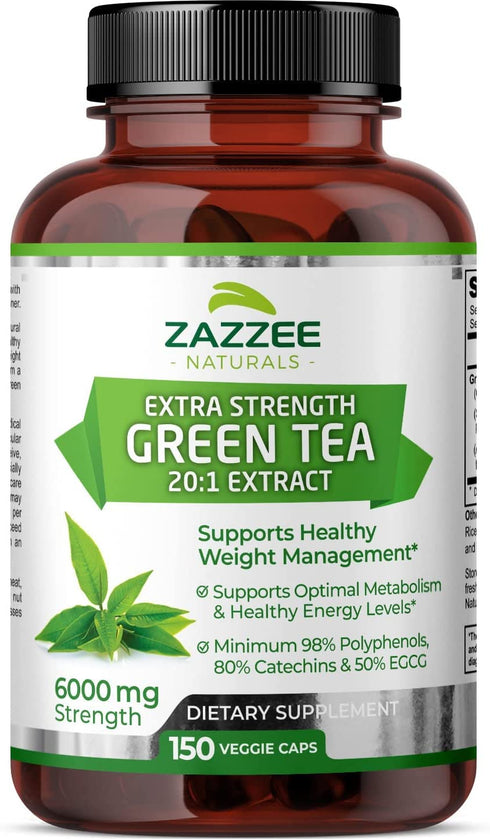 Zazzee Extra Strength Green Tea 20:1 Extract, 6000 mg Strength, 150 Vegan Capsules, 50% EGCG, 98% Polyphenols and 80% Catcehins, Potent 20x Extract, Up to 5 Month Supply, Vegan, All-Natural
