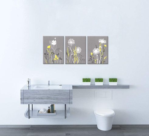 Zlove 3 Pieces Yellow Grey White Bathroom Wall Art Simple Life Bath Flower Leaves Art Print on Canvas Stretched and Framed for Modern Home Decor Ready to Hang 12x16inchx3pcs