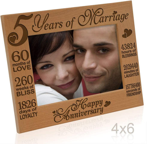 KATE POSH - 5 Years of Marriage Photo Frame - Happy 5th Wood - Engraved Natural Solid Wood Picture Frame (4x6-Horizontal)