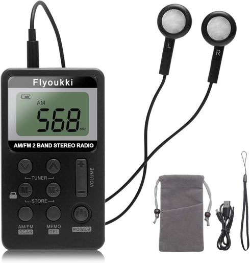 Pocket Small Radio by Flyoukki, Personal Mini AM FM Portable Digital Tuning Transistor Radios with Best Reception, Earphones, Lanyard and Rechargeable Battery for Walking Jogging Exercising (Black)