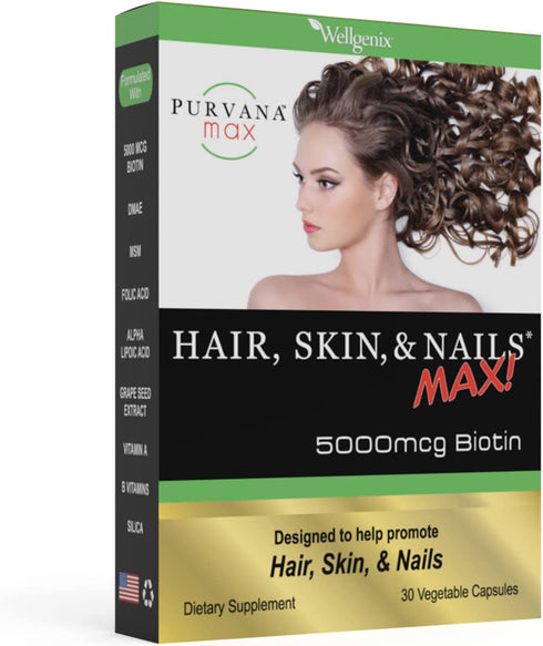 Purvana Max Hair, Skin, and Nails Vitamin Vegetable Capsules for High Absorption - Double Strength Biotin 5000 MCG, VIT A & B, Folic Acid, Grape Seed Extract - Herbal Supplement (30 Count) (1 Pack)