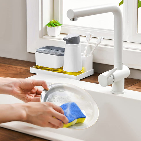 SUBEKYU Dish Soap Pump Dispenser Caddy for Kitchen Sink with Sponge Holder, Dishwashing Liquid Innovative Soap Dispenser with Non-Slip Tray