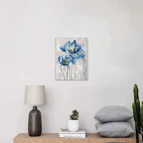 Flower Artwork Canvas Wall Art: Abstract Bright Blue Lotus Floral Picture Giclee Print on Canvas for Bathroom (12? x 16? x 1 Panel)