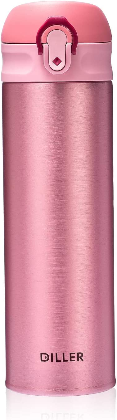 DILLER Vacuum Insulated Water Bottle,Stainless Steel Thermos Coffee Travel Mug BPA-Free Thermos Flask ,Keeps Cold 24H, Hot 12H,17 oz (pink)