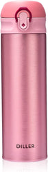 DILLER Vacuum Insulated Water Bottle,Stainless Steel Thermos Coffee Travel Mug BPA-Free Thermos Flask ,Keeps Cold 24H, Hot 12H,17 oz (pink)