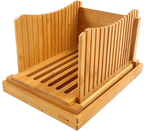 Bamboo Foldable Bread Slicer Compact Bread Slicing Guide with Crumb Catcher Tray for Homemade Bread Thickness Adjustable