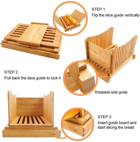 Bamboo Foldable Bread Slicer Compact Bread Slicing Guide with Crumb Catcher Tray for Homemade Bread Thickness Adjustable
