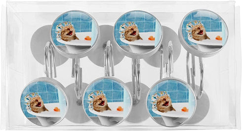 C.IOPMNU Funny Cat Shower Curtain Hooks, 12pcs Cat Loving His Bath Decorative Shower Curtain Hanger Rings Roller, Rust Resistant Round Shower Rings Hangers for Bathroom Curtains Rods
