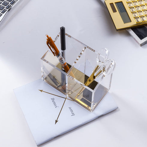 Mouchoi Pen Pencil Holder Desktop Organizer for Accessories, Bevel Edge Pencil Organizer Pen Container, 2 Compartments, Office Supplies Organizers, Acrylic