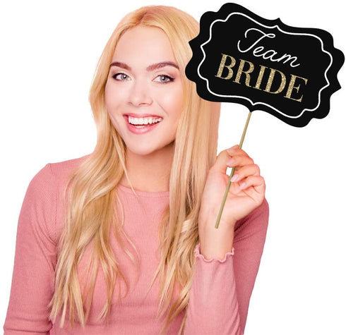 Fully Assembled Wedding Photo Booth Props - Set of 40 - Gold, Pink, Teal, & Silver Selfie Signs - Wedding Party Supplies & Decorations - Cute Wedding Designs with Real Glitter - Did we mention no DIY?