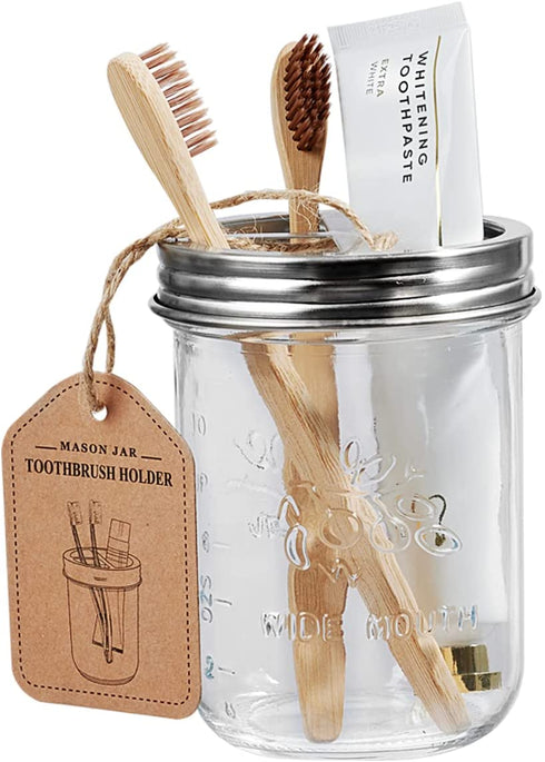 Amolliar Mason Jar Bathroom Accessories Set(4 Pack) - Lotion Soap Dispenser&Qtip Holder Set&Toothbrush Holder-Rustic Farmhouse Decor Apothecary Jar Bathroom Countertop,Vanity Organize (Brushed Nickel)