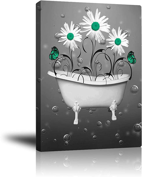 Premium White Daisy Butterfly Bathroom Wall Decor, Print Artwork Giclee Canvas Art Framed Painting Poster Pictures Decoration 16x 20 Inchs