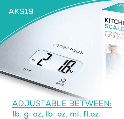 Our Brand - innoHaus Multi-Function Kitchen Food Scale, Digital Display with Tare Function, Precise, Measures in g, oz, lb:oz, ml, fl.oz with Auto-Off, Silver