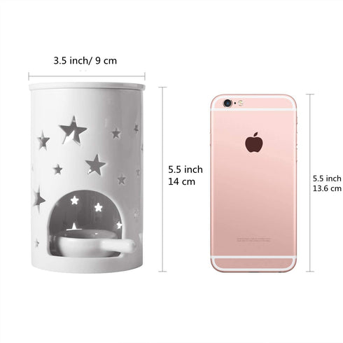 T4U Ceramic Tealight Candle Holder Oil Burner, Essential Oil Incense Aroma Diffuser Furnace Home Decoration Romantic White Set of 2, Star Pattern
