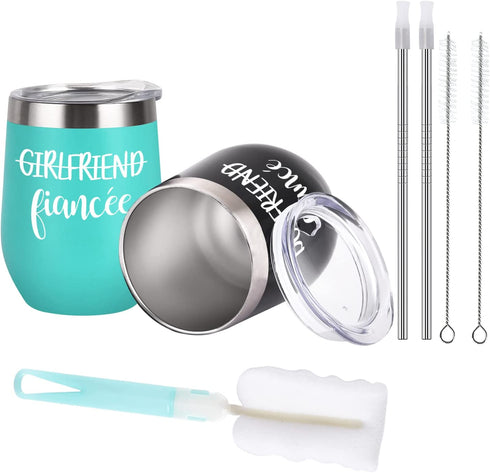Lifecapido Boyfriend and Girlfriend Wine Tumbler Set, Engagement Gifts for Fiance Fiancee Friend Couples Her Women, 12 Oz Newly Engaged Stainless Steel Insulated Wine Tumbler with Lids, Black and Mint