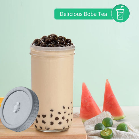 2 Pack 22 oz Reusable Smoothie Cups Boba Tea Cups, Wide Mouth Mason Jar Lids with Straw Hole, Including 4pcs Stainless Steel Straws and 2pcs Cleaning Brushes