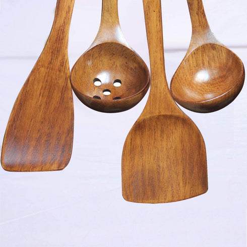 Wooden Utensils Set for Cooking Kitchen Tlever1 Solid Wood Kitchen Utensils Cooking Spatula and Spoons Set Slotted Spatula, Angled Spatula, Mixing Spoon, Colander Spoon (13.38in)