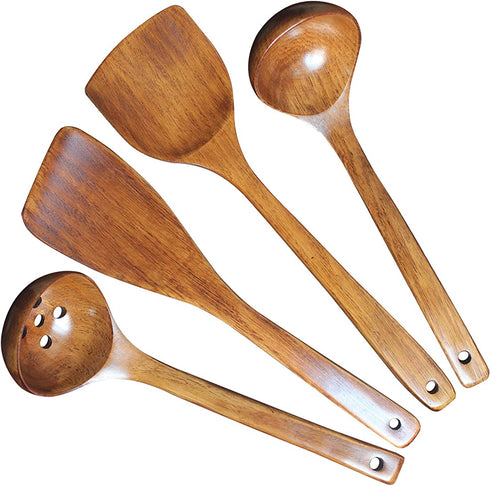 Wooden Utensils Set for Cooking Kitchen Tlever1 Solid Wood Kitchen Utensils Cooking Spatula and Spoons Set Slotted Spatula, Angled Spatula, Mixing Spoon, Colander Spoon (13.38in)