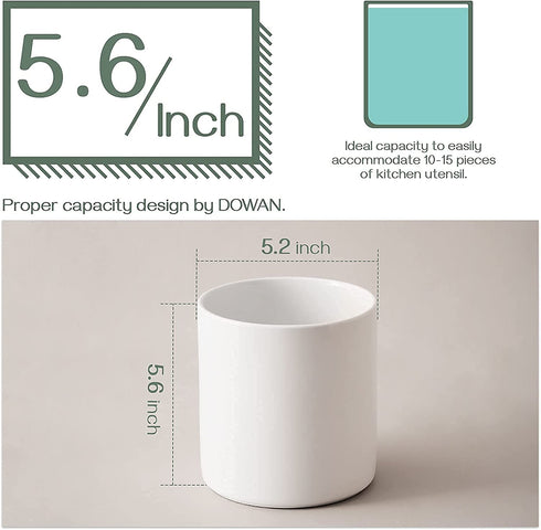 White Kitchen Utensil Holder, DOWAN Ceramic Utensil Crock with Table-Protection Cork Mat, Weighted Utensils Organizer Caddy for Kitchen Counter, Rust Proof, Classic Minimalistic White