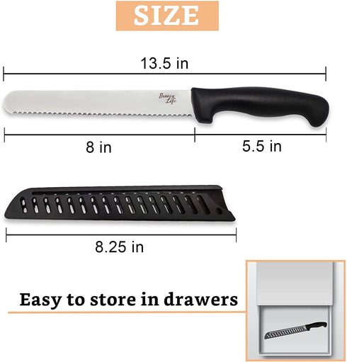Breezylife Serrated Bread Knife with Sheath, Stainless Steel Bread Cutter for Homemade Bread Cake Bagel and Juicy Tomatoes, 8 inch, Black