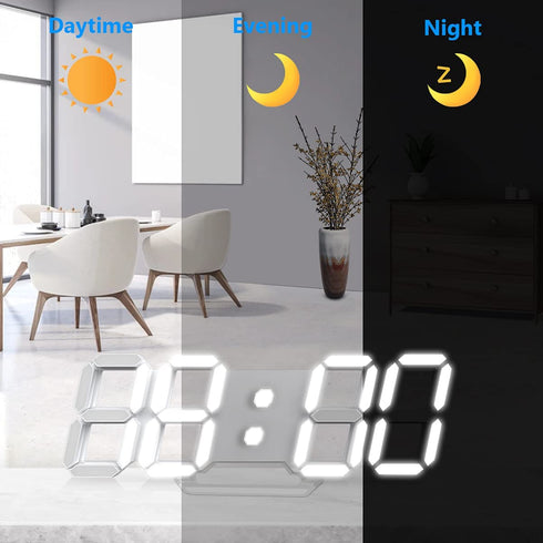 3D LED Digital Wall Clock Large Night Light Alarm Clock Snooze for Office Bedroom Living Room 12/24 Time/Date/Temperature Display Brightness Adjustable White 9.7 inch with Remote Control